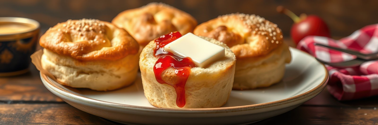 Freshly baked biscuits topped with butter and strawberry jam on a rustic wooden table